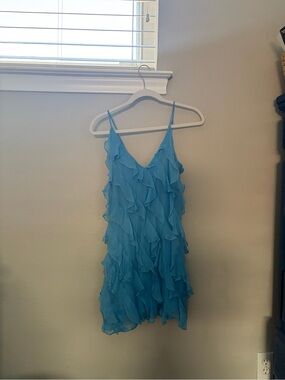 BHLDN Aqua Ruffled Spaghetti-Strap Mini Dress